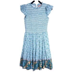 OLIPHANT Smocked Flirty Mini Dress Veranda Turquoise Short Sleeve Women's S